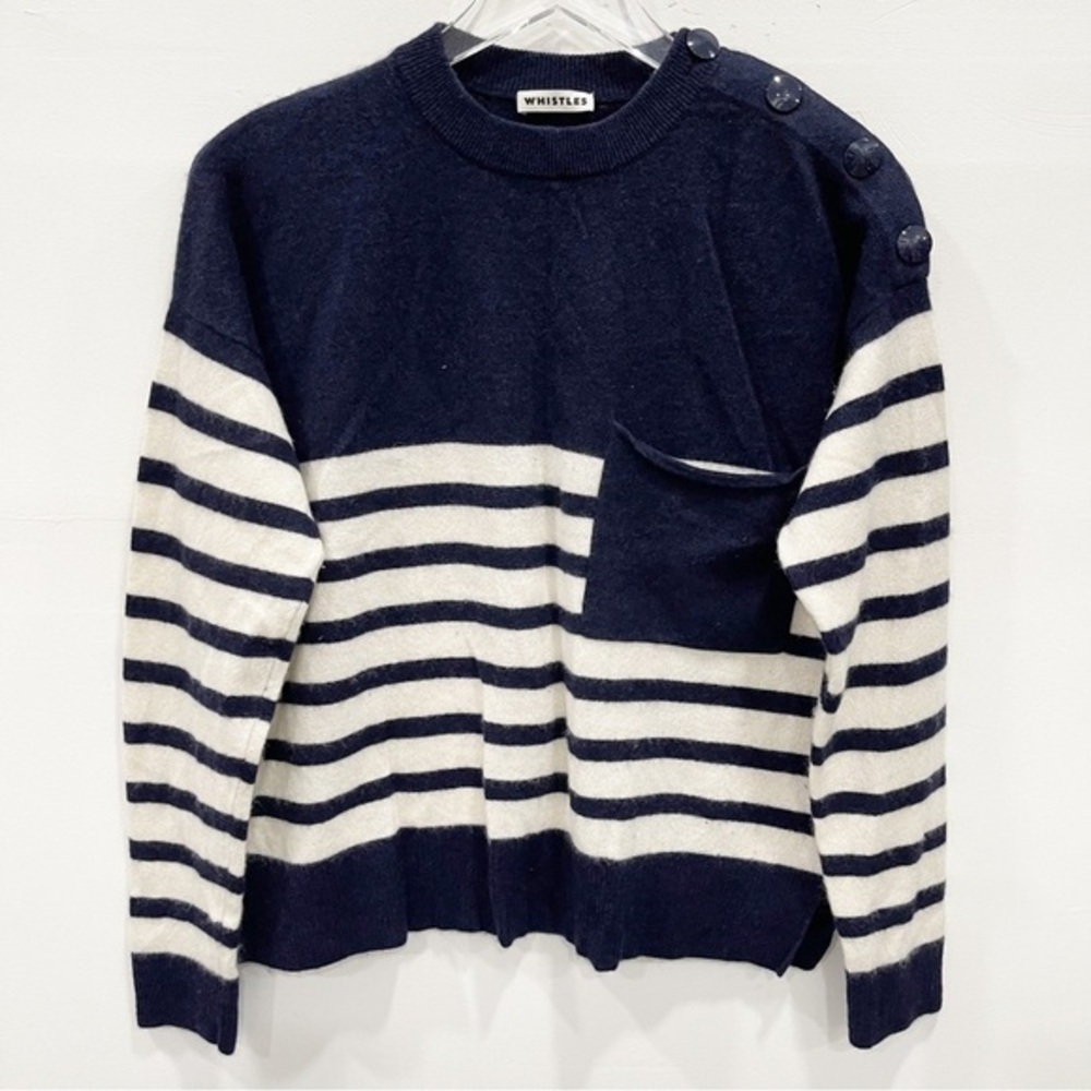 Whistles Nautical Stripe Navy Blue Sweater Button Shoulder
